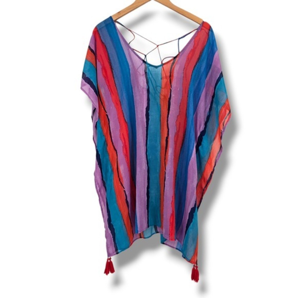 Palisades Beach Club Womens Brushed Stripe Kaftan Swim Cover Up‎ Tassels ML NEW